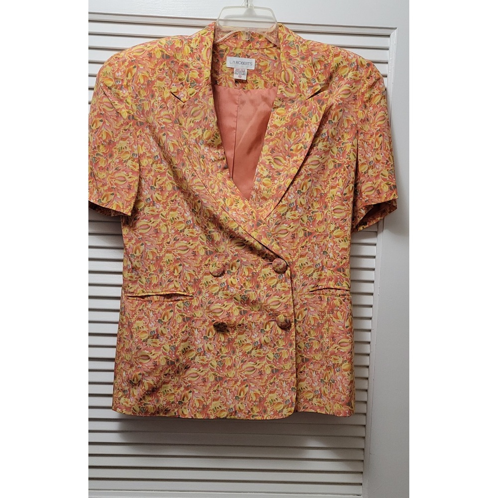 LN Robert's Vintage 100% Silk Double Breasted Blazer Floral Short Sleeve Orange